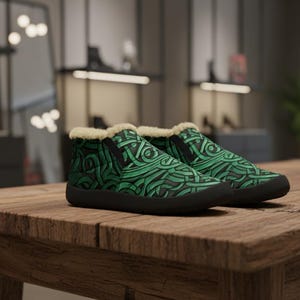 Pode incluir: Um par de sapatos slip-on verdes e pretos com um design de nó celta. Os sapatos têm sola preta e forro de pele sintética à volta do tornozelo. Os sapatos estão expostos numa mesa de madeira.