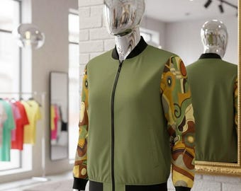 Retro-Olivenärmel-Bomberjacke – Abstrakte Streetwear in Erdtönen