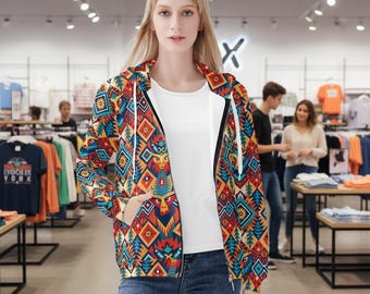 Bold Colors, Everyday Comfort – Unisex Tribal Pattern Zip Hoodie | Soft Polyester Blend Gift | 派手パーカー | 트라이벌 후드