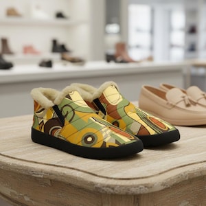 May include: A pair of colorful slip-on shoes with a geometric pattern in shades of yellow, green, and brown. The shoes have a black sole and a soft, cream-colored lining. Another pair of light brown loafers with tassels are in the background.