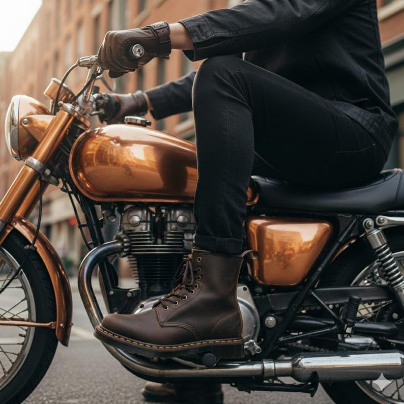 May include: A person is seated on a vintage copper-colored motorcycle, wearing black jeans and brown leather boots. The boots are laced up and have a classic design. The person is also wearing brown leather gloves.