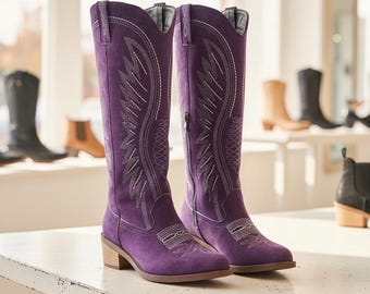 Purple Suede Western Boots: Tall Cowboy Style with Side Zipper