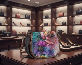 Bolso bandolera de piel vegana con solapa floral: bolso estilo sillín bohemio