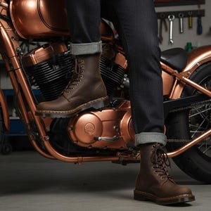 May include: Brown leather lace-up boots with a classic design. The boots are worn with dark denim jeans, and are set against a copper-colored motorcycle. The boots have a sturdy sole and a traditional lace-up closure.