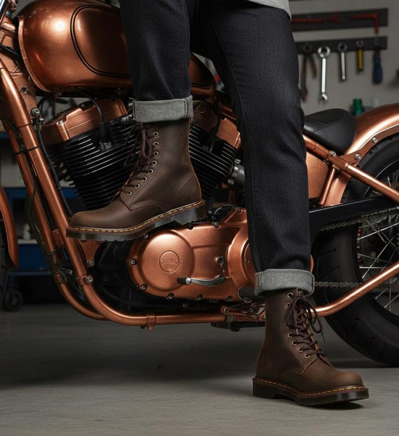 May include: Brown leather lace-up boots with a classic design. The boots are worn with dark denim jeans, and are set against a copper-colored motorcycle. The boots have a sturdy sole and a traditional lace-up closure.