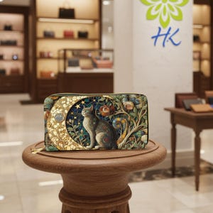 Pode incluir: Uma carteira retangular com fecho de correr, com uma ilustração detalhada de um gato, lua e elementos florais. O design incorpora um estilo de mosaico com uma paleta de cores de azuis, verdes e dourados. A carteira está em uma pequena mesa de madeira.