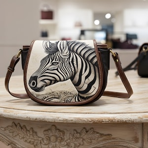 Pode incluir: Bolsa de sela preta e castanha com um design de zebra. A bolsa apresenta uma aba com uma ilustração detalhada da cabeça de uma zebra em preto e branco. A bolsa tem uma alça e acabamentos em couro castanho e um fecho dourado.