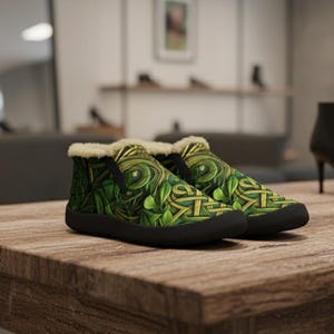 Puede incluir: Un par de zapatos sin cordones verdes y dorados con un diseño de nudo celta. Los zapatos tienen suela negra y forro de piel sintética. Los zapatos se exhiben sobre una mesa de madera. Miden unos 25 cm.