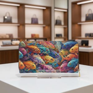 Könnte beinhalten: Eine farbenfrohe Geldbörse mit einem Muster aus Fischen in Orange-, Blau-, Lila- und Gelbtönen. Die Geldbörse hat einen Reißverschluss und einen goldfarbenen Reißverschlussanhänger. Der Hintergrund ist ein verschwommenes Bild eines Geschäfts.