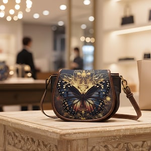 Può includere: Borsa a tracolla nera con patta con un design a farfalla nei toni del blu, oro e rosso. La borsa ha un cinturino e finiture in pelle marrone e una chiusura color oro. La borsa è appoggiata su un tavolo di legno.
