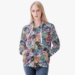 Halloween Pumpkin Faces Hoodie unisex | Spooky Zip Up Jacket, Colorful Ghost & Pumpkin Sweatshirt
