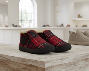Red Plaid Cozy Fur Slippers – Warm Unisex Indoor Winter Gift Shoes | 冬の靴 | 따뜻한신발