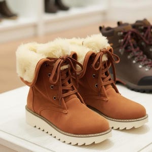 Puede incluir: Botines de ante marrón con ribete de piel sintética color crema y suelas blancas. Las botas tienen un diseño con cordones y se exhiben sobre una superficie blanca. Otras botas son visibles en el fondo.