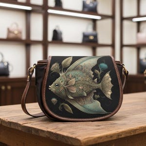 Puede incluir: Bolso de montura negro con una ilustración detallada de un pez en tonos verdes, azules y dorados. El bolso tiene una correa y ribetes de cuero marrón. Está sobre una superficie de madera.