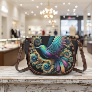 May include: A black crossbody bag with a flap featuring a colourful hummingbird design. The bird has blue, green, and purple feathers, set against a black background with gold swirls. The bag has brown leather straps and trim.