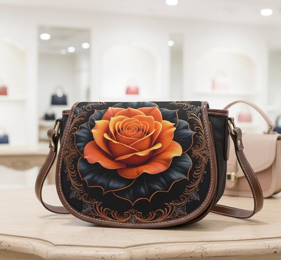 Amber Rose Floral Saddle Bag – PU Leather Crossbody Shoulder Purse 