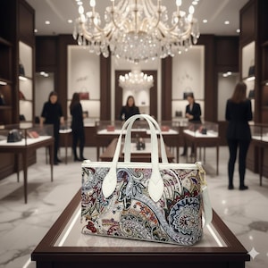 Könnte beinhalten: Eine Handtasche mit Paisley-Muster, weißen Griffen und Schulterriemen, präsentiert sich in einer Luxusboutique. Die Tasche zeigt Muster in Rot-, Blau- und Grüntönen.