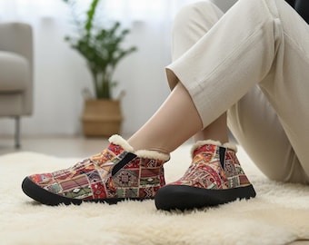 Chaussons bohèmes en patchwork de fourrure : chaussures d'intérieur chaudes doublées de polaire,シューズ 신발