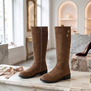 Botas hasta la rodilla estilo británico en faux suede - botas de invierno con cremallera lateral