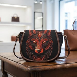 Puede incluir: Bolso bandolera negro con un llamativo diseño de cara de lobo rojo y marrón. El bolso tiene una correa y ribetes de cuero marrón. Los ojos del lobo son de color naranja brillante. El bolso está sobre una mesa de madera.