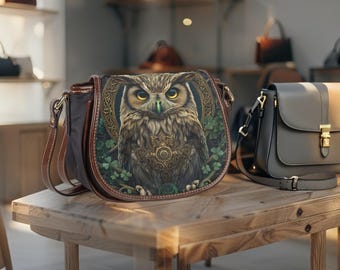Bolso de sillín de búho celta: bolso bandolera bohemio, bolso con estampado de bosque
