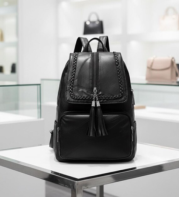 Tassel PU Backpack: Retro Style Small Black Bag (city  display picture 3
