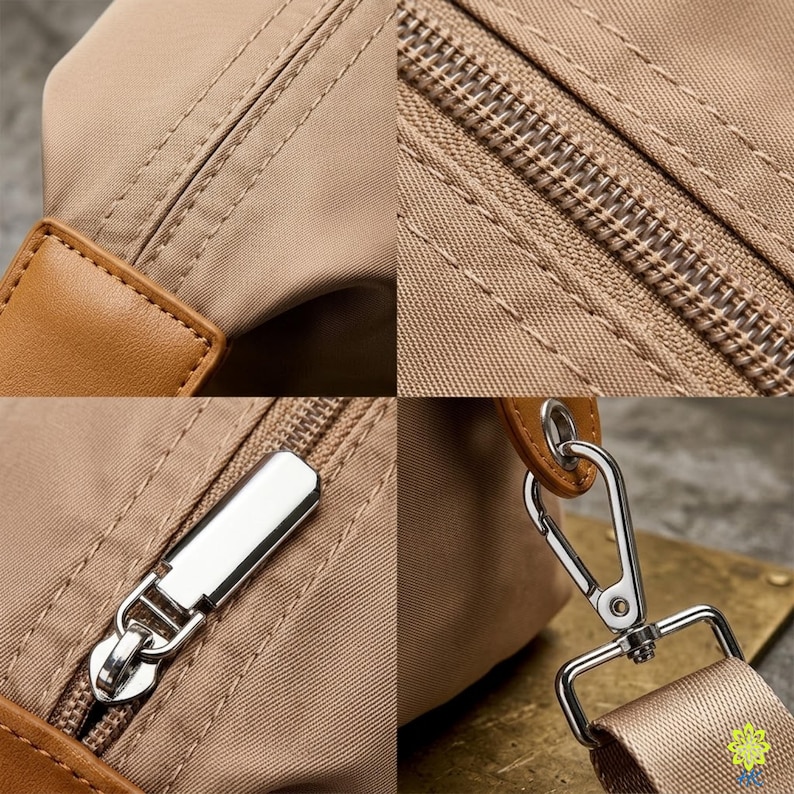 Puede incluir: Primer plano de un bolso de tela color beige con detalles en cuero marr&oacute;n. La imagen muestra detalles de las costuras, una cremallera y un cierre met&aacute;lico plateado. El bolso tiene una correa desmontable.