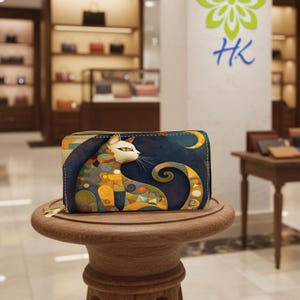 Può includere: Portafoglio con cerniera con un motivo a gatto colorato. Il design presenta un gatto stilizzato nei toni del giallo, arancione e blu su uno sfondo blu scuro con una luna crescente.