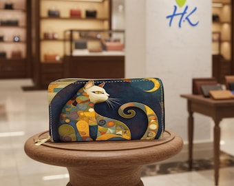 Cartera con estampado de gato artístico – Clutch largo de cuero PU, unisex, impermeable