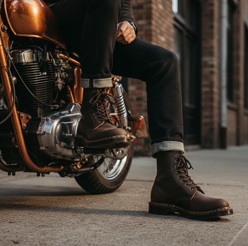 May include: Brown leather boots with a lace-up design. The boots are worn with black denim jeans. The boots are on a concrete surface next to a vintage motorcycle with a copper-colored frame.