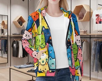 Cat Lover Hoodie: Colorful Kawaii Cats - Cozy Zip-Up Sweatshirt