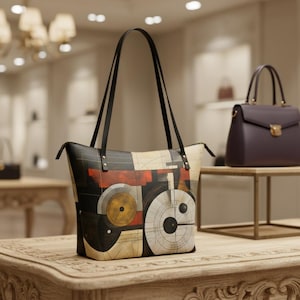 Peut inclure: Un sac fourre-tout avec un motif géométrique noir, rouge et beige. Le sac a des poignées noires et une fermeture éclair. Un autre sac à main violet est sur une étagère en arrière-plan. Le sac est posé sur une table en bois.