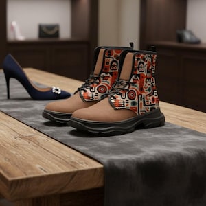 May include: A pair of brown ankle boots with a black sole and patterned fabric panels featuring red, orange, and white abstract designs. The boots have black laces and are displayed on a wooden surface.