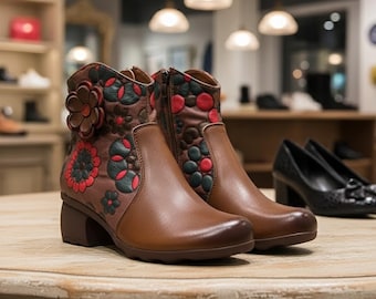 Botas Vintage de Cuero Vacuno – Botines Retro de Tacón Medio Mujer Marrón