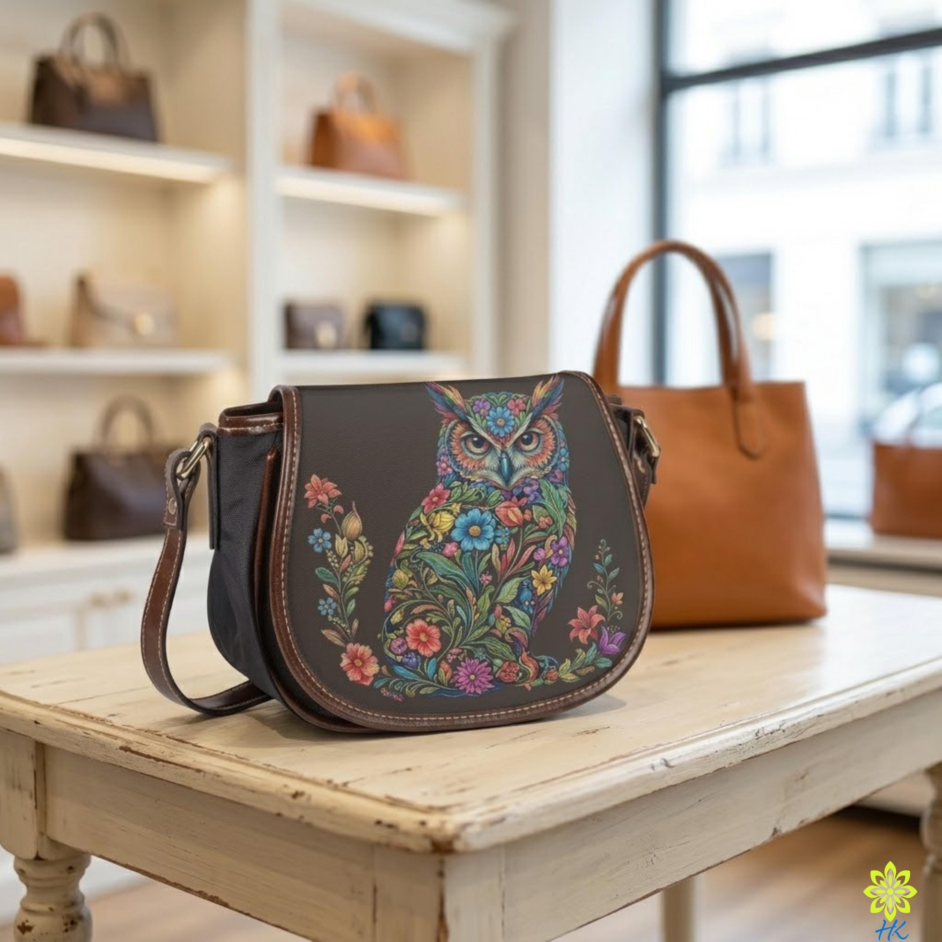 Floral Owl Crossbody Bag &ndash; Canvas PU Leather Saddle Shoulder Bag