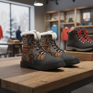 Könnte beinhalten: Ein Paar Winterstiefel mit schwarzer Basis und einem gemusterten Obermaterial in Braun-, Orange- und Cremetönen. Die Stiefel haben ein Kunstfellfutter und schwarze Schnürsenkel. Ein weiteres Paar schwarzer Stiefel mit roten Schnürsenkeln ist im Hintergrund zu sehen.