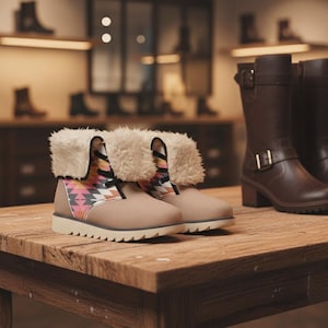 May include: A pair of tan ankle boots with a cream-colored faux fur trim and a colorful geometric pattern on the collar. The boots have a white sole and are displayed on a wooden table. Brown leather boots are in the background.