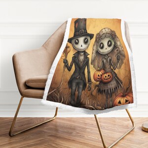 Couverture en flanelle couple squelette : jeté de mariage gothique pour Halloween