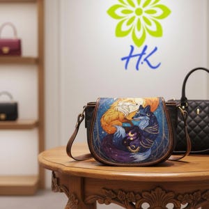 Può includere: Borsa a tracolla nera con cinturino e finiture in pelle marrone. La borsa presenta un'illustrazione colorata di due volpi, una arancione e una blu, su uno sfondo di cielo stellato. La borsa è appoggiata su un tavolo di legno.