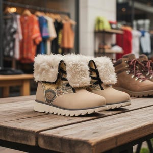 May include: Tan ankle boots with cream-colored faux fur trim. The boots have a decorative floral pattern on the side panels and black laces. The boots are displayed on a wooden table, with other clothing items visible in the background.