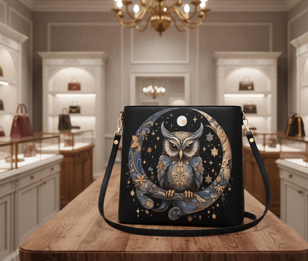 Moonlit Owl Bucket &ndash; Celestial PU Leather Crossbody, Night-Sky Gift for Her &ndash; 月バッ�