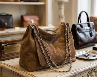 Bolso de hombro vintage de ante sintético marrón con correa de cadena, bolso slouchy