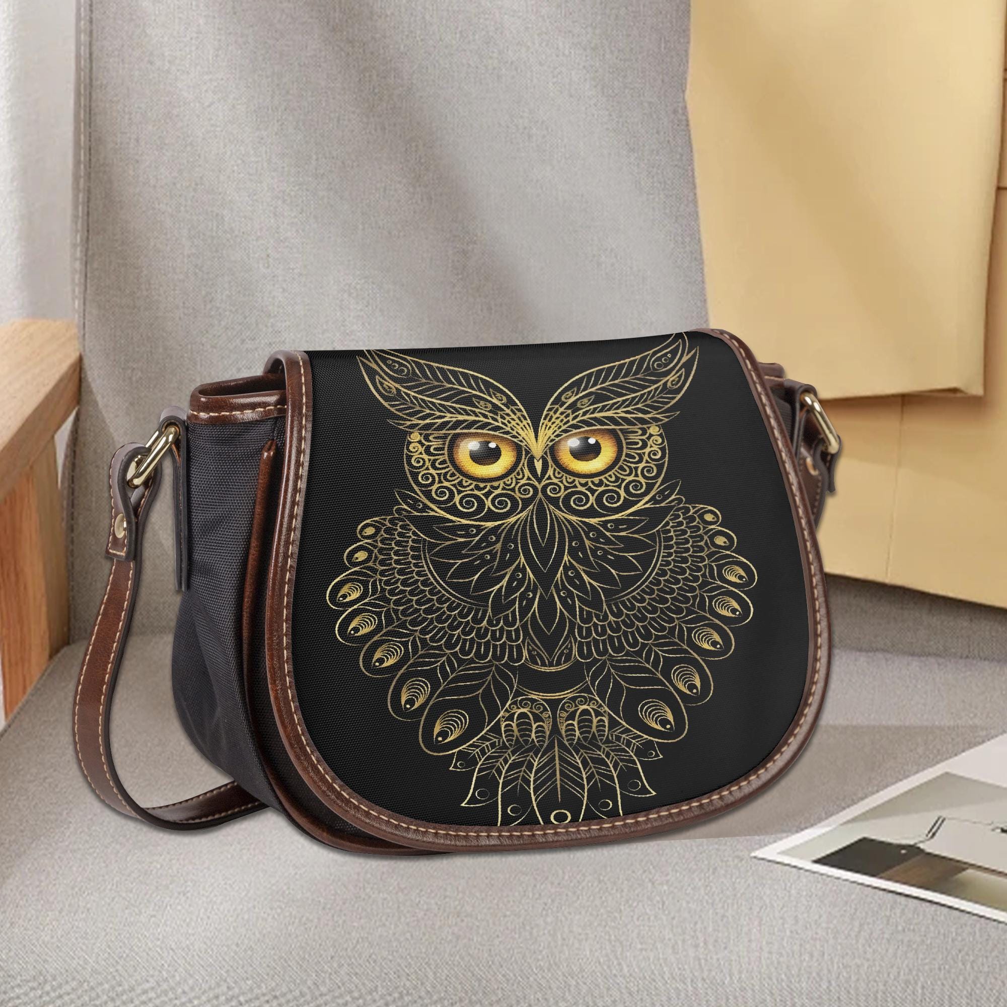 Saddle Bag with Golden Owl Design: Day to Night Crossbody (PU Leather)