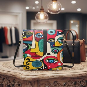 Peut inclure: Un sac à main carré avec un motif de visage abstrait coloré. Le sac est doté d'une bandoulière noire et d'une quincaillerie dorée. D'autres sacs à main sont visibles en arrière-plan, ainsi que des portants et des lampes suspendues.