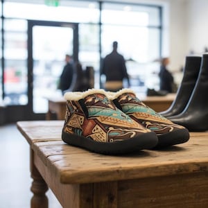 May include: A pair of slip-on boots with a colorful geometric pattern in shades of brown, teal, and cream. The boots have a black sole and a faux fur lining. The boots are displayed on a wooden table.