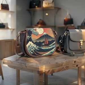 May include: A brown and black saddle bag featuring a Japanese wave and mountain design. The bag has a brown leather strap and a flap closure. The design includes a red sun, a mountain, and a boat.
