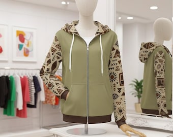 Tribal Sleeve Zip Hoodie – Olive Polyester Unisex Jacket