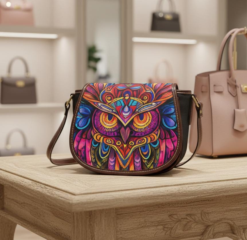 Neon Owl Saddle Bag &ndash; Vintage PU Leather Crossbody Purse