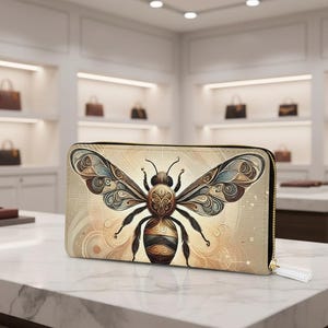 Pode incluir: Uma carteira retangular com um design detalhado de abelha. A abelha apresenta padrões intrincados em tons de castanho, bege e azul, num fundo bege com padrões em espiral. A carteira tem um zíper preto e uma alça de pulso branca.