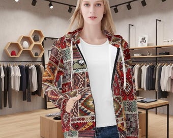 Boho Tribal Geometric Full-Zip Hoodie: Soft Polyester Festival Wear– おしゃれ – 편안한